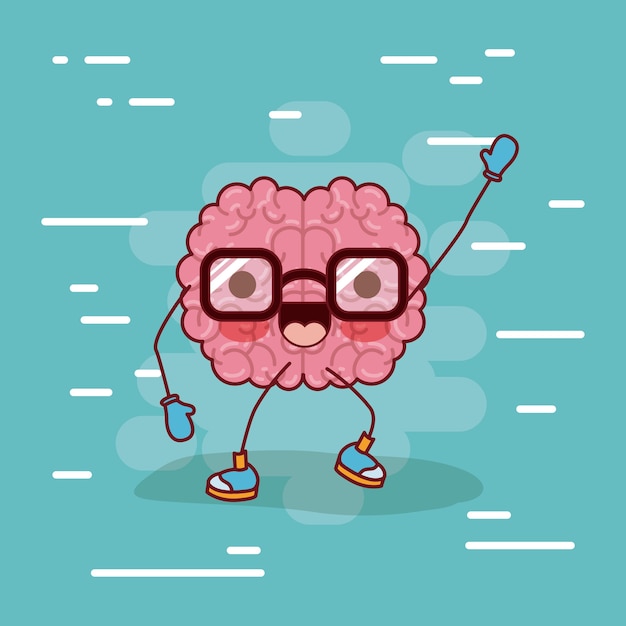 dibujos animados de cerebro con gafas y saludo