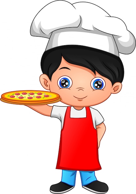 Dibujos animados de chef chico con pizza