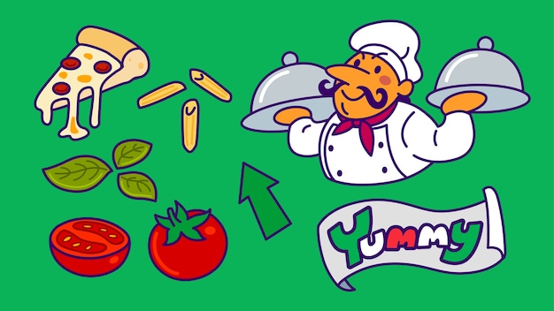 Vector dibujos animados de chef con conjunto de iconos de pizza y comida