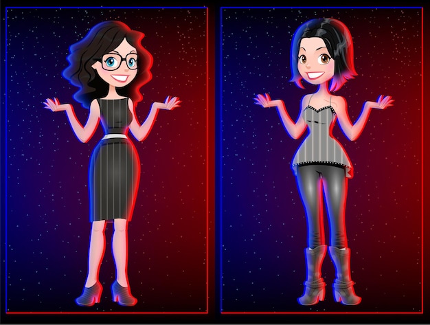 dibujos animados de chica disco en club con fondo rojo azul resaltado