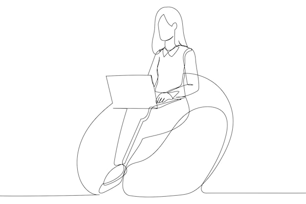 Dibujos animados de una chica inteligente sentada en un sillón de mimbre trabajando en una computadora portátil usando una camiseta blanca jeans de mezclilla en el interior de la casa Estilo de arte de una sola línea continua