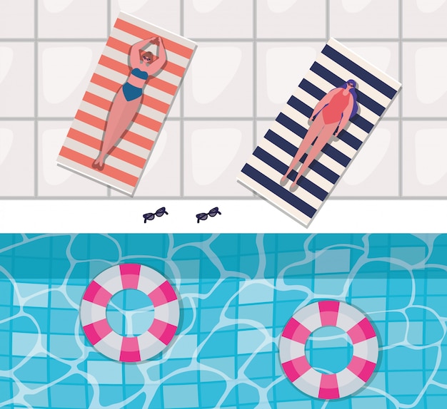 Dibujos animados de chicas en carrozas en el diseño de vector de vista superior de piscina