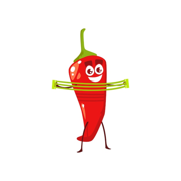 Dibujos animados chili pepper deportista vector icono divertido personaje estiramiento expansor haciendo ejercicios deportivos aislados sobre fondo blanco Alimentos saludables deportes estilo de vida símbolo de nutrición orgánica