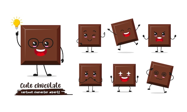 Dibujos animados de chocolate con muchas expresiones diferentes Diseño plano de ilustración de vector de actividad de postre