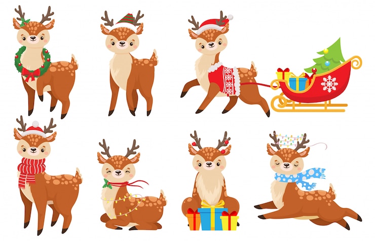 Vector dibujos animados de ciervos de navidad. lindo cervatillo en bufanda de invierno, conjunto de ilustración de renos de navidad y ciervos divertidos