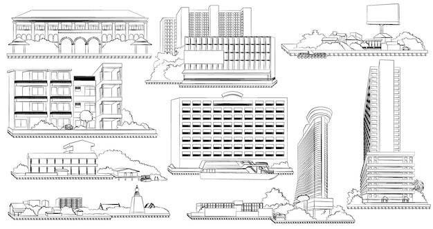 Dibujos animados de la ciudad en estilo de arte lineal