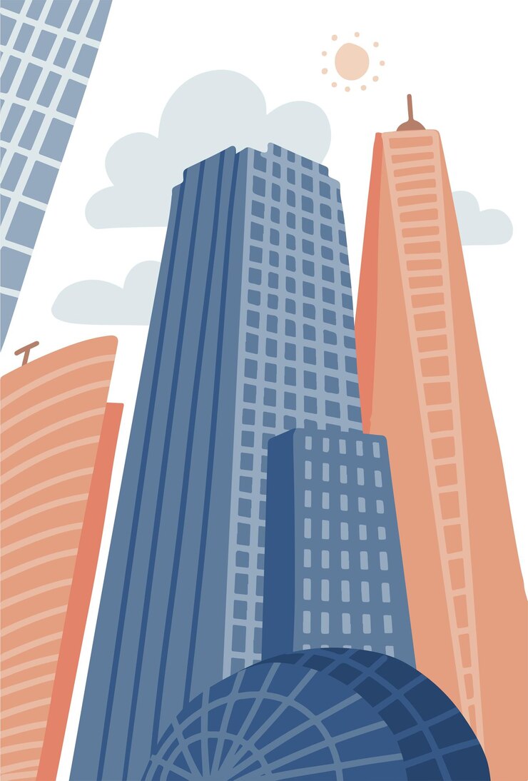 Vector dibujos animados ciudad moderna en estilo plano dibujado a mano paisaje urbano urbano con rascacielos propiedad urbana vector ...