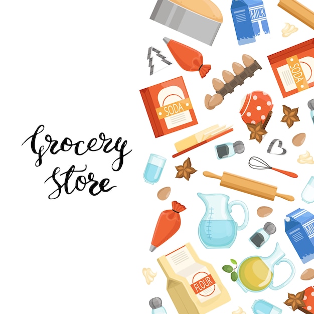 dibujos animados de cocina ingridients o comestibles con letras. Cartel surtido de refrescos y comestibles nutritivos.