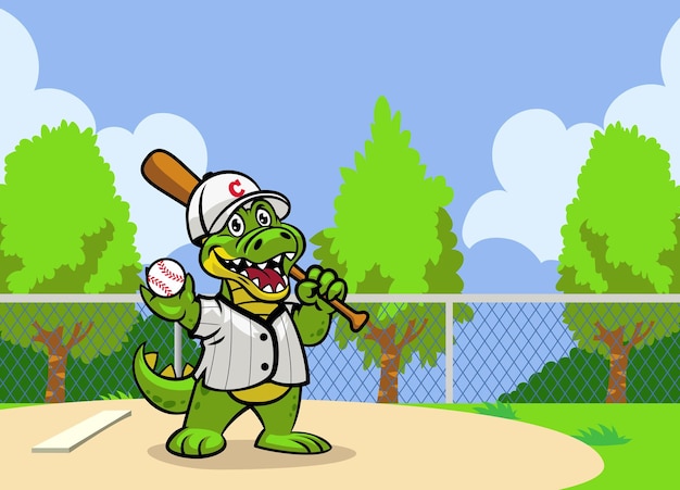 Dibujos animados de cocodrilo jugando béisbol en el campo