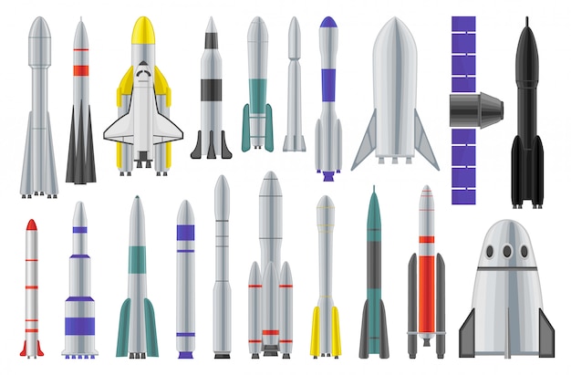 Dibujos animados de cohete espacial establece icono. Nave espacial aislado de dibujos animados icono de conjunto. Ilustración cohete espacial sobre fondo blanco.