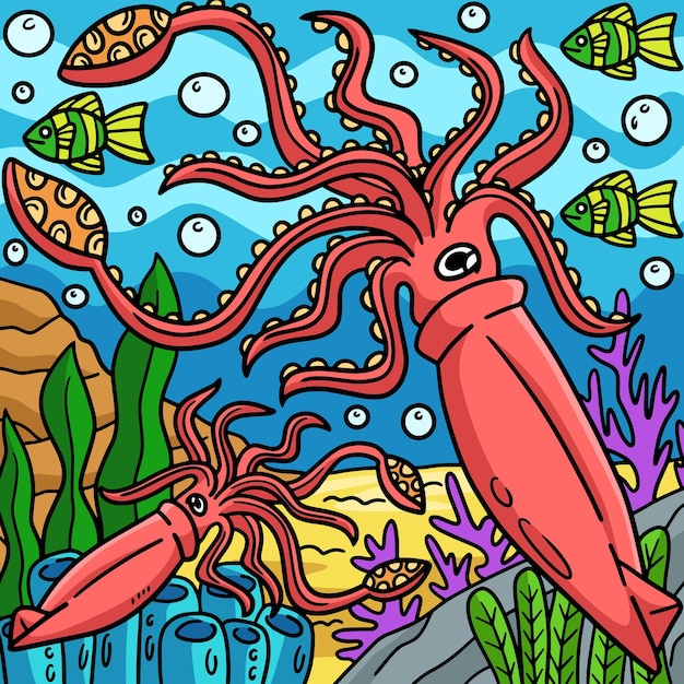 Dibujos animados de color de animales marinos de calamar gigante