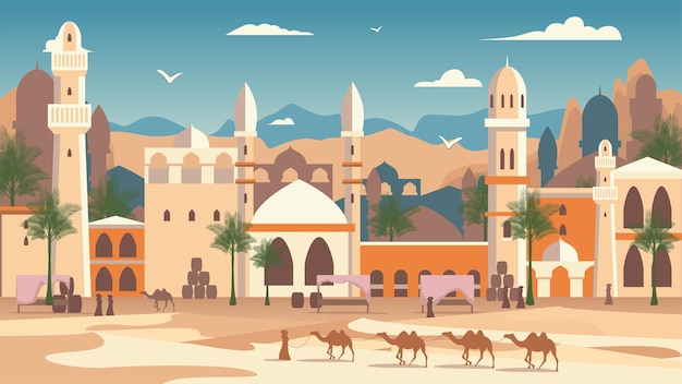 dibujos animados color desierto árabe mercado saudí paisaje escena concepto vector