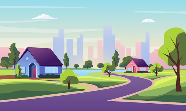 dibujos animados color distrito suburbio casas paisaje escena concepto vector