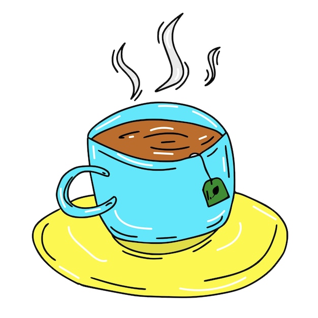 Dibujos animados de color Doodle taza de té en un platillo