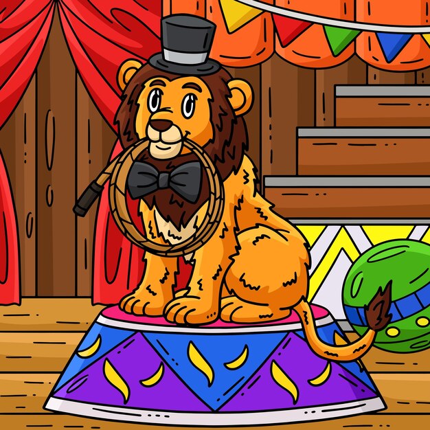 Dibujos animados de colores con un león de circo mordiendo un látigo