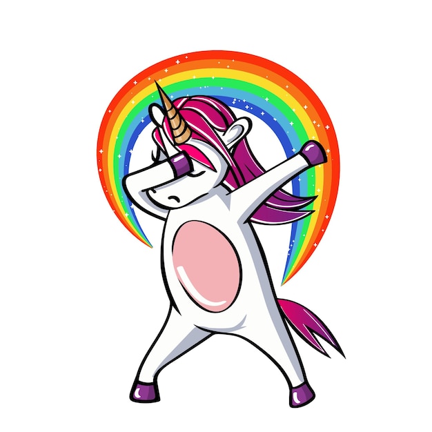 Vector dibujos animados coloridos bailando dab unicornio con arco iris y estrellas en blanco vector ilustración aislada