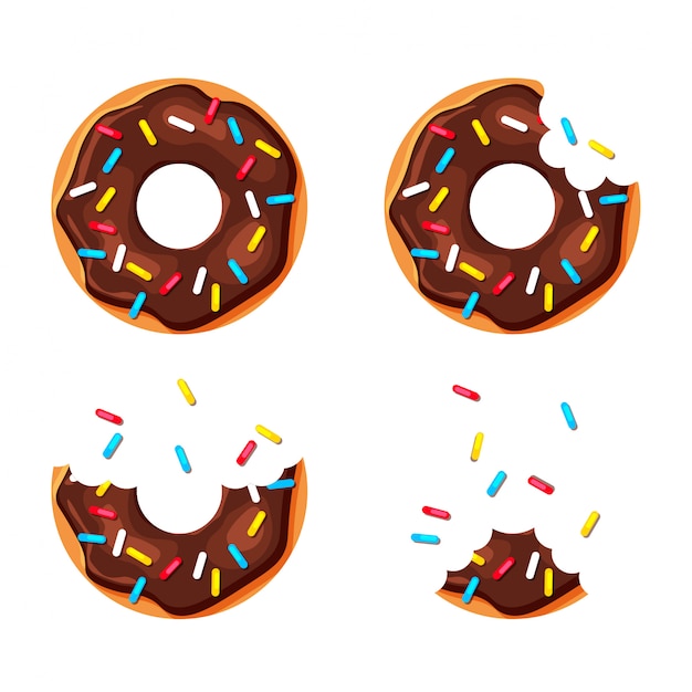 Vector dibujos animados coloridos donuts conjunto aislado sobre fondo blanco. donut mordido y casi comido. vista superior donas de azúcar dulce. ilustración en un moderno estilo plano.