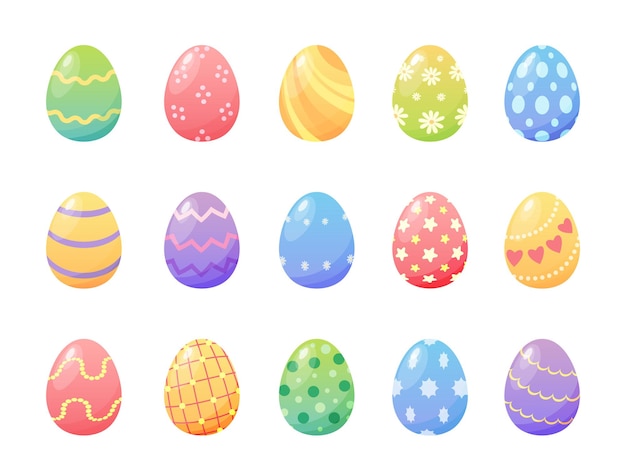 Dibujos animados coloridos huevos pintados de pascua con patrones y texturas. Elementos decorativos de vacaciones de primavera. Feliz día de Pascua juego de vectores de caza de huevos