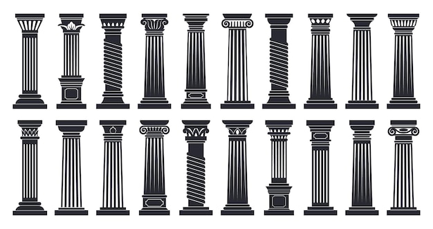 Vector dibujos animados columnas romanas dórico corintio arquitectura orden siluetas plano vector ilustración conjunto