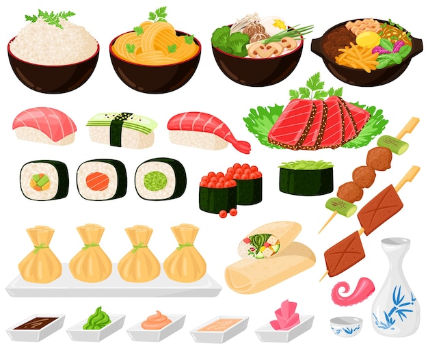 Dibujos animados de comida asiática tradicional coreana, japonesa, china. Comida callejera asiática, fideos sushi sashimi ramen dumplings conjunto de ilustraciones vectoriales. Platos de cocina asiática oriental