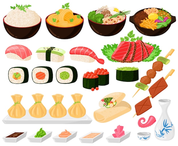 Dibujos animados de comida asiática tradicional coreana, japonesa, china. comida callejera asiática, fideos sushi sashimi ramen dumplings conjunto de ilustraciones vectoriales. platos de cocina asiática oriental