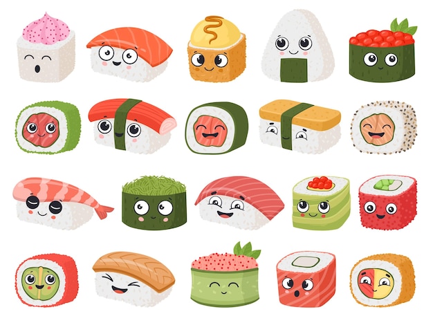 Dibujos animados comida japonesa mascotas divertidas lindos platos asiáticos sushi y onigiri con cara emoción expresión plana vector ilustración conjunto cocina asiática lindos personajes