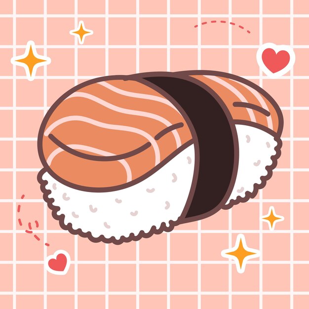 Dibujos animados de comida kawaii de icono de vector de sushi de salmón de estilo de sarna de anime japonés lindo