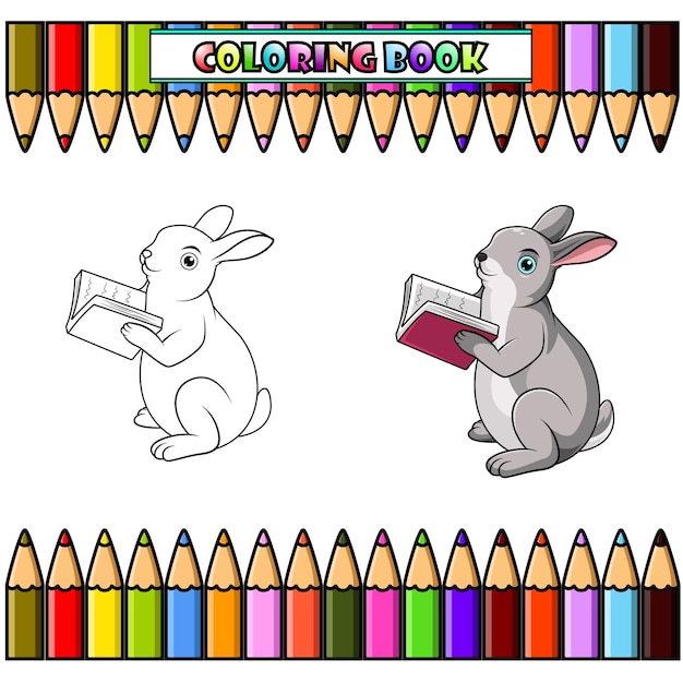 Dibujos animados de conejo leyendo un libro para colorear