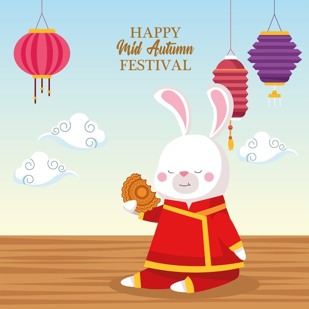 Dibujos animados de conejo en tela tradicional con diseño de pastel de luna y linternas, feliz festival de la cosecha de mediados de otoño chino oriental y tema de celebración