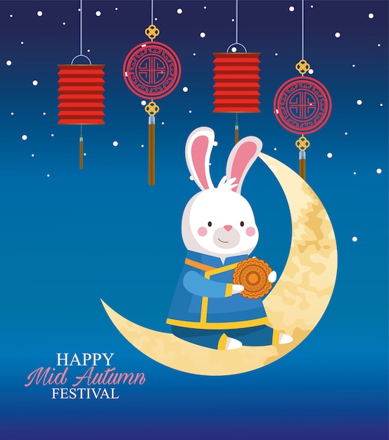 Dibujos animados de conejo en tela tradicional en la luna con diseño de pastel de luna y linternas, feliz festival de la cosecha de mediados de otoño chino oriental y tema de celebración