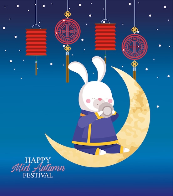 Dibujos animados de conejo en tela tradicional en la luna con diseño de taza de té y linternas, feliz festival de la cosecha de mediados de otoño chino oriental y tema de celebración