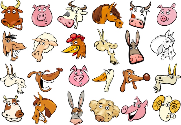 Dibujos animados conjunto de cabezas de animales de granja