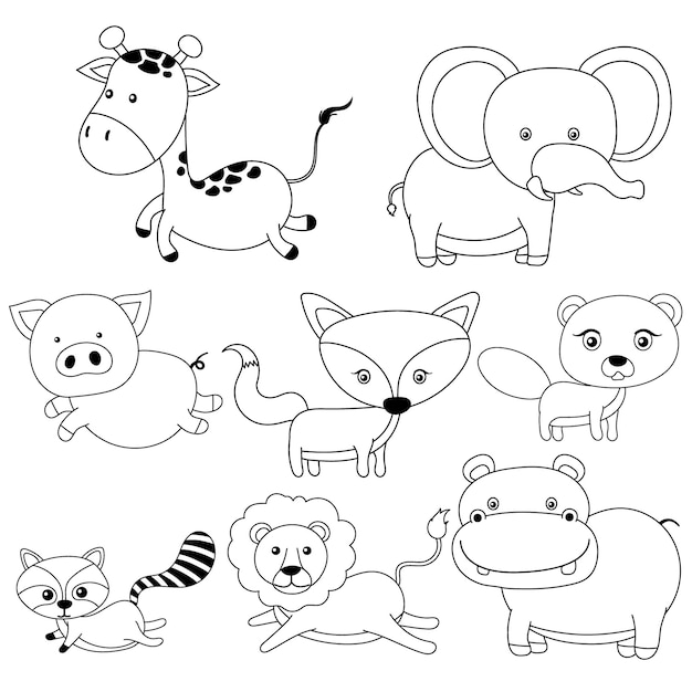 Dibujos animados de contorno de animales dibujados a mano