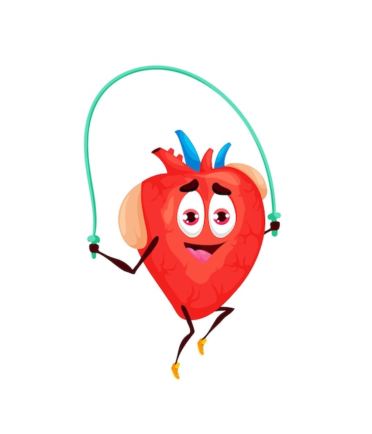 Dibujos animados corazón humano personaje personaje saltando cuerda vector cuerpo interno órgano deportista haciendo ejercicios de fitness ciencia de anatomía para niños educación cardiología medicina cuidado de la salud y deporte