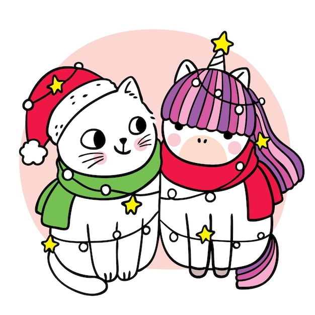 Dibujos animados cortan el día de navidad y el gato y el unicornio de nuevo sí juntos vector