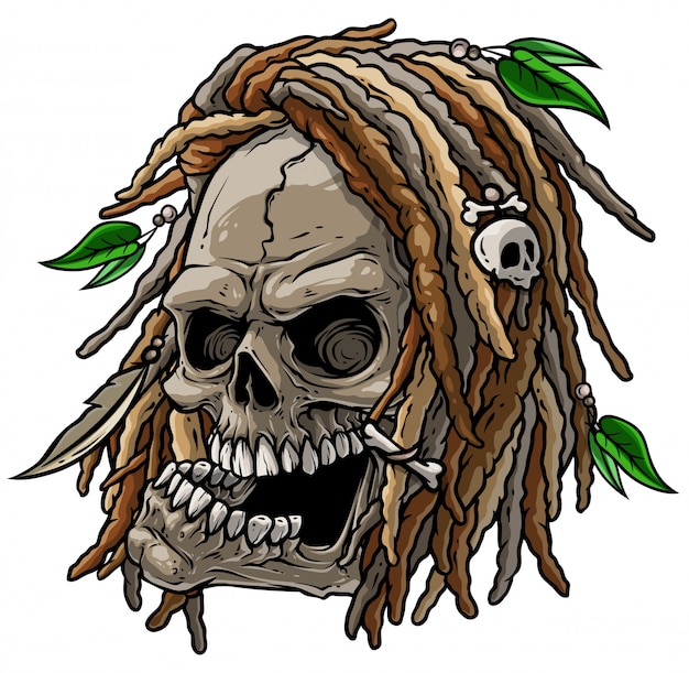 Vector dibujos animados de cráneo salvaje jamaicano con rastas