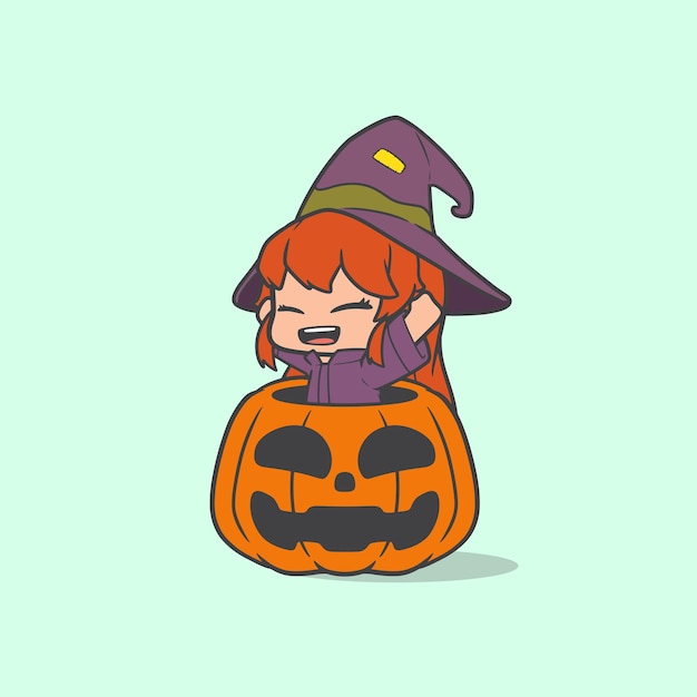 Dibujos animados creativos brujería Sorprendido en la calabaza gigante