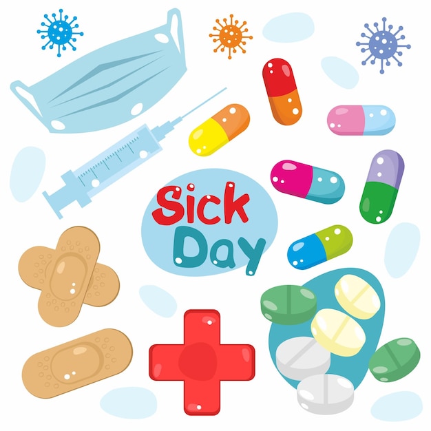 Dibujos animados día enfermo Medicina salud farmacia elementos aislados conjunto píldoras cápsulas termómetro medi