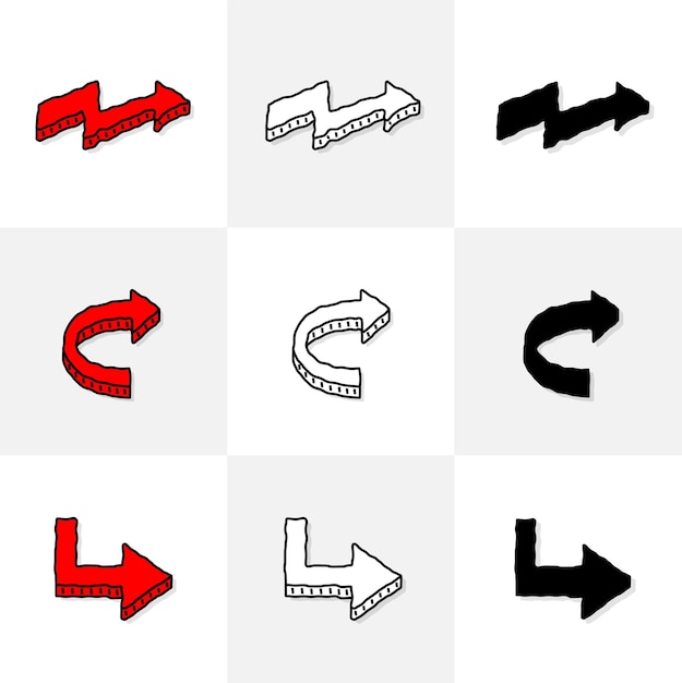 dibujos animados dibujados a mano flechas colección de diferentes curvas línea de flecha arte silueta iconos vector