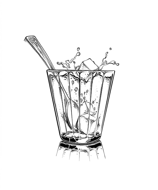 Dibujos animados dibujados a mano una taza de té con terrones de azúcar y una cuchara en color negro. aislado sobre fondo blanco dibujo para carteles, decoración e impresión. ilustración de dibujo vectorial