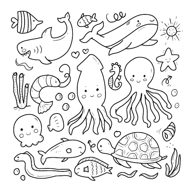 Vector dibujos animados de dibujo de doodle de animales marinos