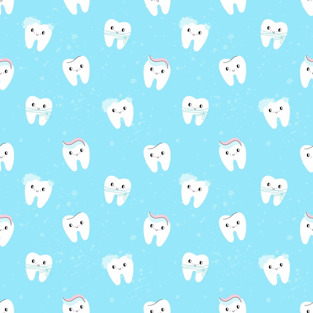 Dibujos animados Dientes de patrones sin fisuras Dientes lindos esmalte blanco carita sonriente fondo de clínica dental feliz personajes limpios Vector telón de fondo médico Decoración textil papel de regalo impresión