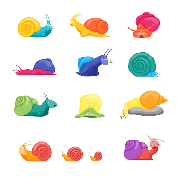 Dibujos animados de diferentes colores personajes caracoles divertidos conjunto concepto elemento diseño plano estilo ilustración vectorial de expresión caracol