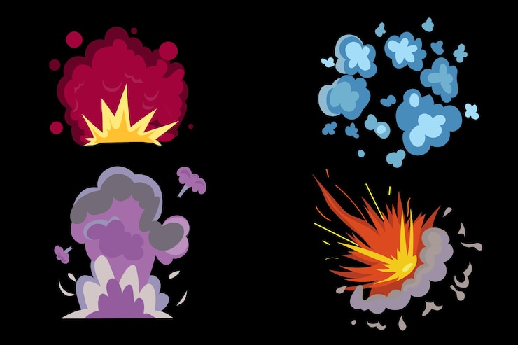 Vector dibujos animados dinamita o bomba explosión fuego conjunto movimiento abstracto explosión fuego y nubes explotaron vector ca