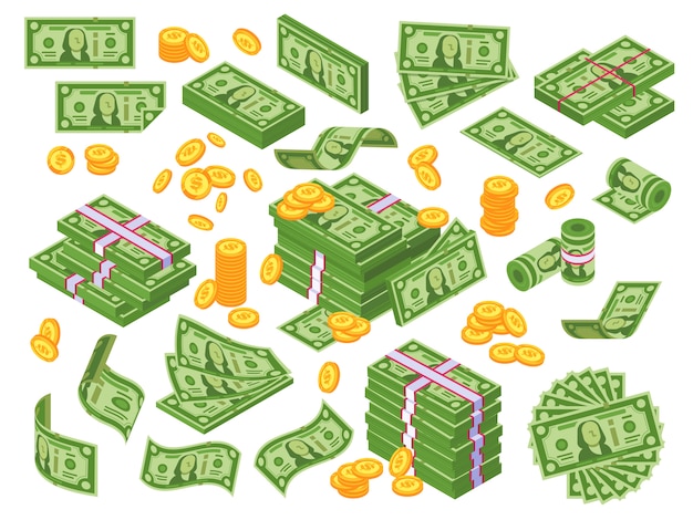 Dibujos animados de dinero. Billetes de dólar apilados y monedas de oro