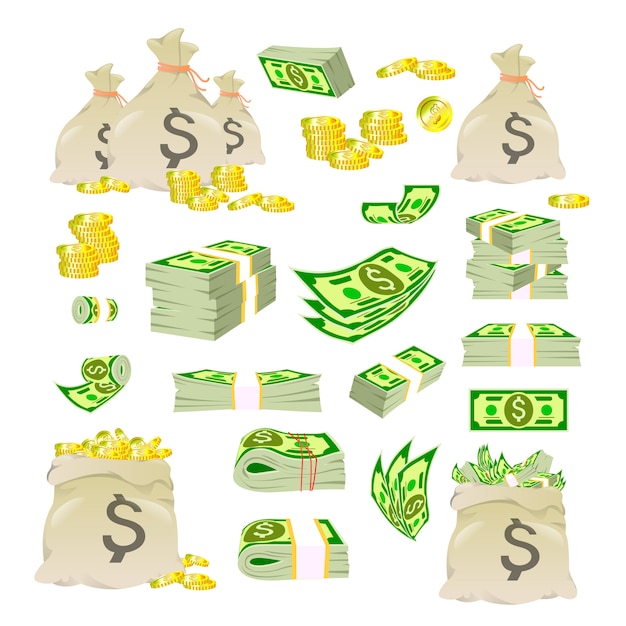 Dibujos animados de dinero. Varios tipos de dinero. Embalaje en fajos de billetes, billetes, monedas de oro.
