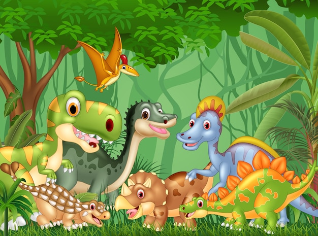 Dibujos animados de dinosaurios felices en la jungla