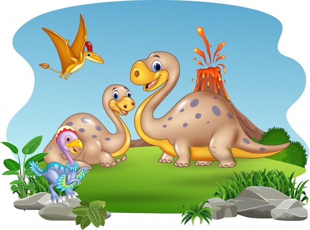 Dibujos animados de dinosaurios de madre y bebé con fondo de naturaleza