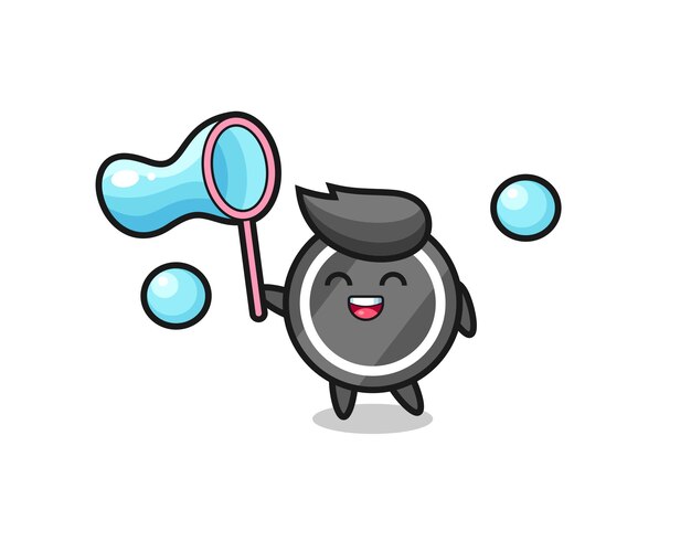 Dibujos animados de disco de hockey feliz jugando pompas de jabón, diseño de estilo lindo para camiseta, pegatina, elemento de logotipo