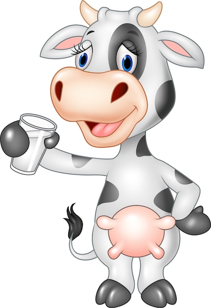 Dibujos animados divertida vaca sosteniendo un vaso de leche